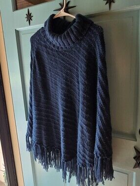 Forever 21 Teal Fringe Turtleneck Poncho Sweater